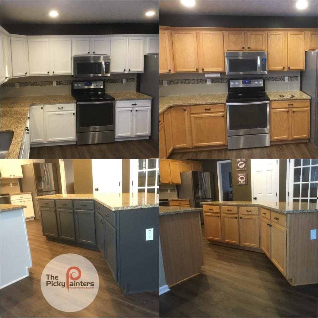 Another Amazing Kitchen Refinish in Two Colors The main cabinets are Alabaster SW 7008, the Island and rail system SW Iron Ore SW 7069