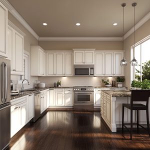A spacious kitchen with creamy white cabinets, soft gray walls, stainless steel appliances, dark wood flooring, and a central island with hanging pendant lights, creating a warm and elegant ambiance.