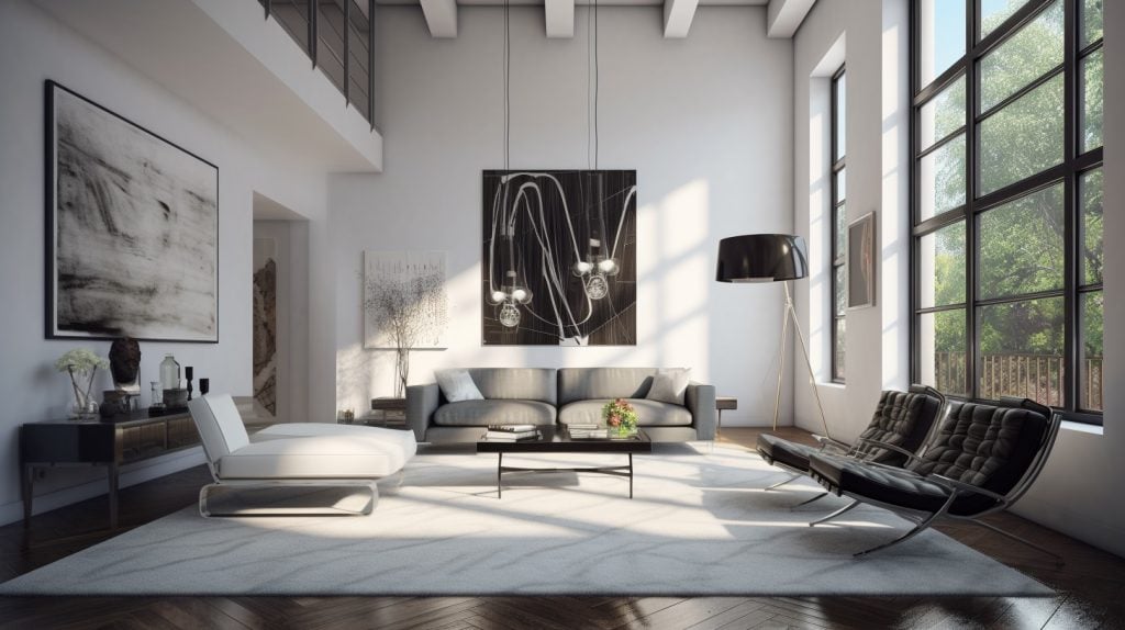 Modern loft living room in a Strongsville, Ohio home with walls painted in Sherwin-Williams Extra White (SW 7006), a stark true white with cool undertones. Bright gallery lighting showcases contemporary decor with a black leather sofa, abstract art, and glass coffee table. Perfect for interior painting in Westlake’s upscale homes.