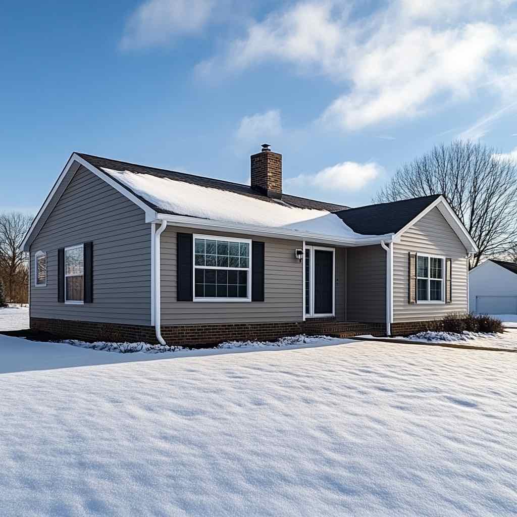 Beige-painted cedar wood siding on a colonial Medina, Ohio home, with green shutters and a lush summer lawn, painted by The Picky Painters.